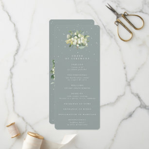Seafoam Grönt Snowberry+Eucalyptus Bouquet Bröllop Program