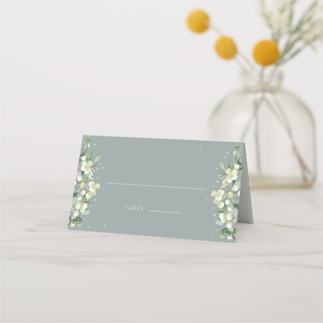 Seafoam Grönt Snowberry+Eucalyptus Bröllop Placeringskort (Framsida)