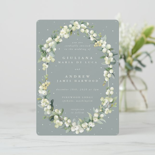 Seafoam Grönt Snowberry+Eucalyptus Winter Wedding Inbjudningar (Stående Fram)