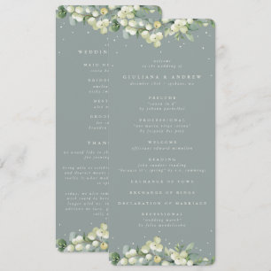 Seafoam Grönt Snowberry+Eucalyptus Winter Wedding Program