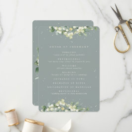 Seafoam Grönt Snowberry+Eucalyptus Winter Wedding Program