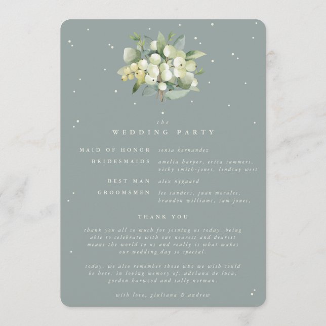 Seafoam Grönt Snowberry+Eucalyptus Winter Wedding Program (Baksida)