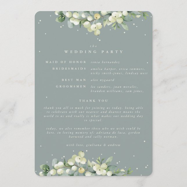 Seafoam Grönt Snowberry+Eucalyptus Winter Wedding Program (Baksida)