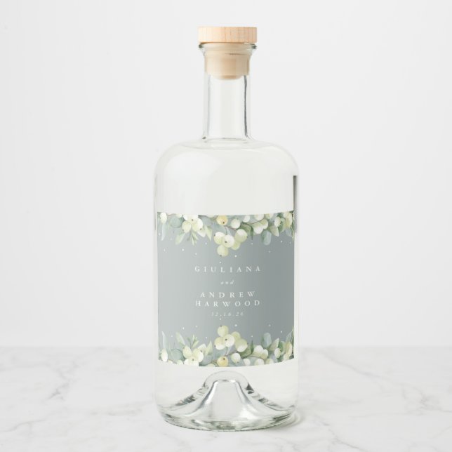Seafoam Grönt Snowberry+Eucalyptus Winter Wedding Spritflaskor Etikett (Framsida)