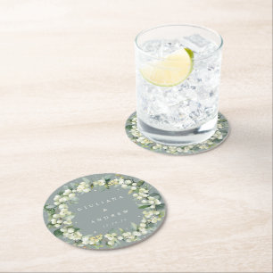 Seafoam Grönt Snowberry+Eucalyptus Winter Wedding Underlägg Papper Rund