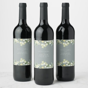 Seafoam Grönt Snowberry+Eucalyptus Winter Wedding Vinflaska Etikett