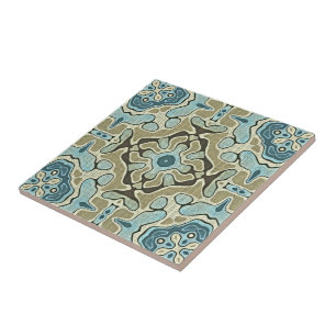Seafoam Grönt Teal Blue Ochre Ethnic Tribe Art Kakelplatta