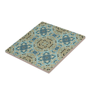 Seafoam Grönt Teal Blue Ochre Ethnic Tribe Art Kakelplatta
