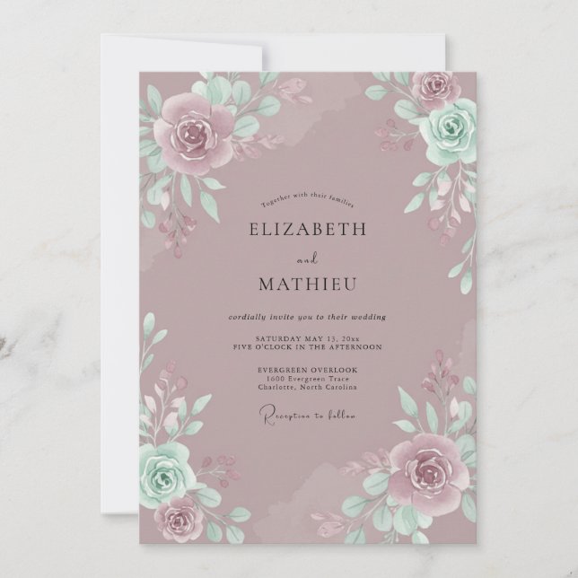 Seafoam Mauve Peony Bröllop Inbjudningar (Framsida)