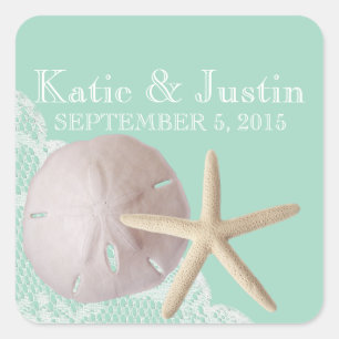Seafoam Sand Dollar och Starfish Fyrkantigt Klistermärke