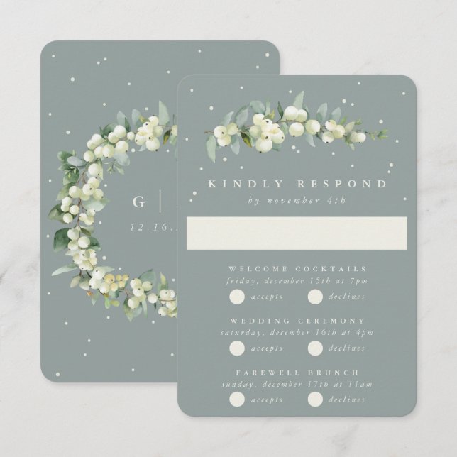 Seafoam Snowberry+Eucalyptus Bröllop Multi-Event OSA Kort (Fram/baksida)
