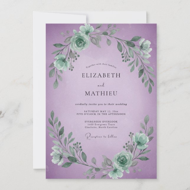 Seafoam Violett Blommigt Bröllop Inbjudningar (Framsida)