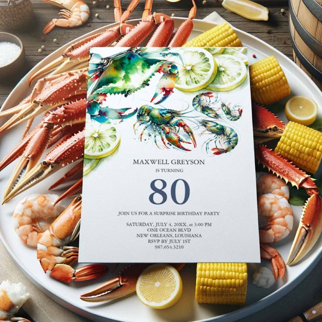 Seafood Boil 80:e födelsedagsinbjudan Inbjudningar (80th birthday invitations for a man watercolor seafood boil cajun style crab, shrimp and crawfish)
