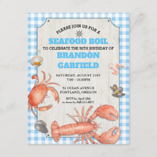 Seafood Boil Blue Gingham och Wood Party Inbjudningar