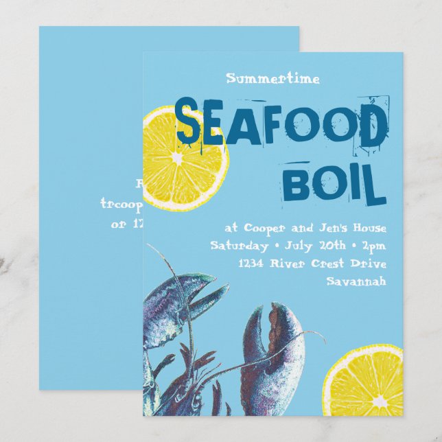 Seafood Boil Blue Lobster och Lemon Inbjudningar (Fram/baksida)