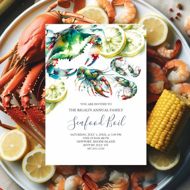Seafood Boil Summer Party-inbjudningar Inbjudningar (Seafood boil invitations watercolor crab shrimp and crawfish with lemons slow country boil)