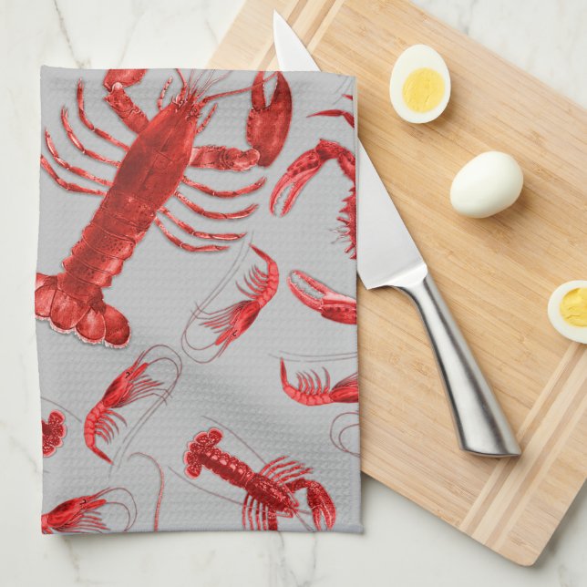 Seafood Mönster Light Grått Rustic Kräftor Lobster Kökshandduk (Vikt i Fjärdedel)