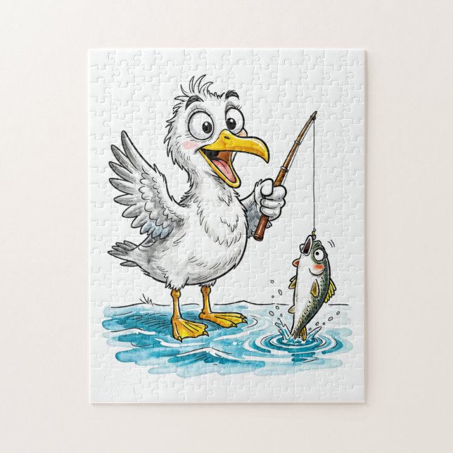 Seagull Fishing with Rod in Shallow Water Pussel (Vertikal)