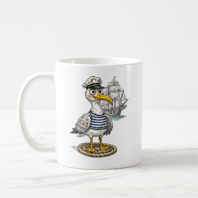 Seagull Sailor with Rope and Ship Background Kaffemugg (Vänster)