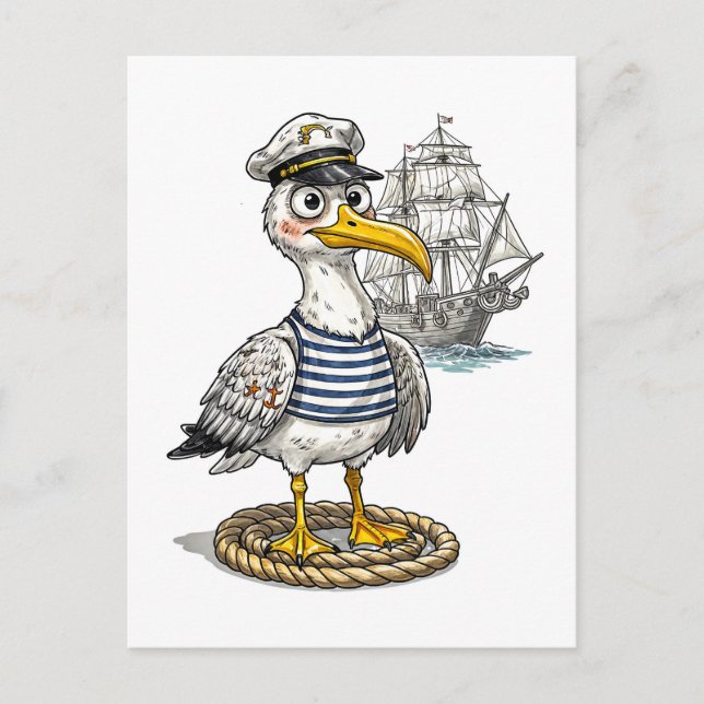 Seagull Sailor with Rope and Ship Background Vykort (Framsida)