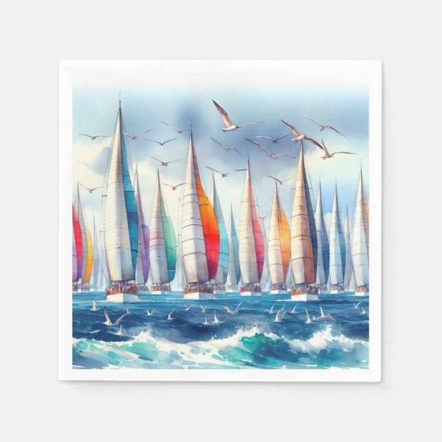 Seagulls Soaring With a Sailboat Regatta Pappersservett (Framsidan)