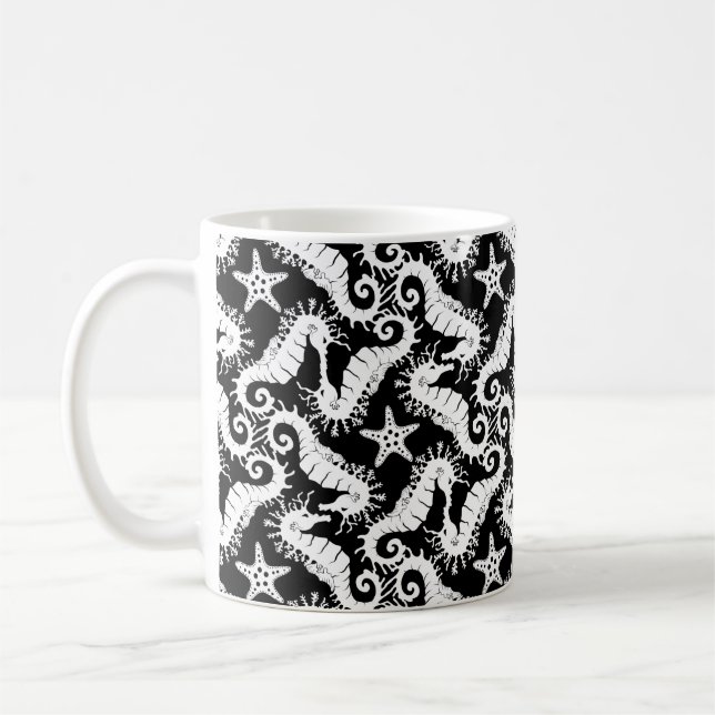 Seahäst och Starfish - Black and White Mönster Kaffemugg (Vänster)