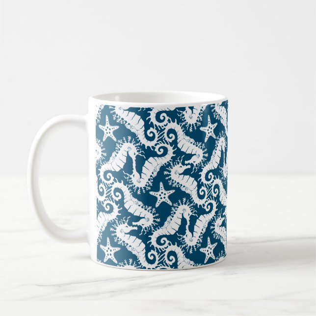 Seahäst och Starfish - Blue Sjöliv Mönster Kaffemugg (Vänster)