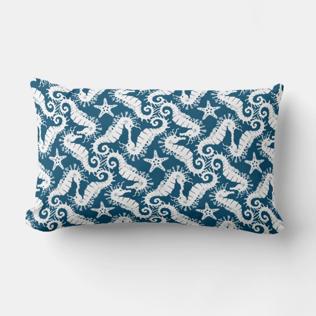 Seahäst och Starfish - Blue Sjöliv Mönster Lumbarkudde (Framsida)
