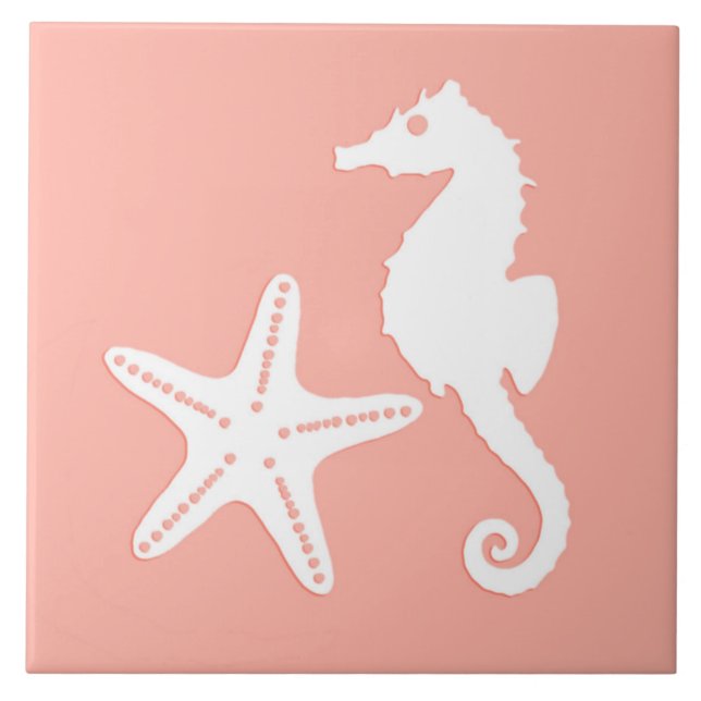 Seahäst och stjärnfisk - Light Coral Rosa Kakelplatta (Framsidan)