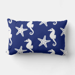Seahäst och stjärnfisk - marinblått och vitt kudde