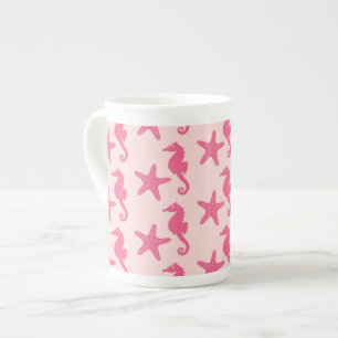 Seahäst och stjärnfisk - rosa av korall benporslin mugg