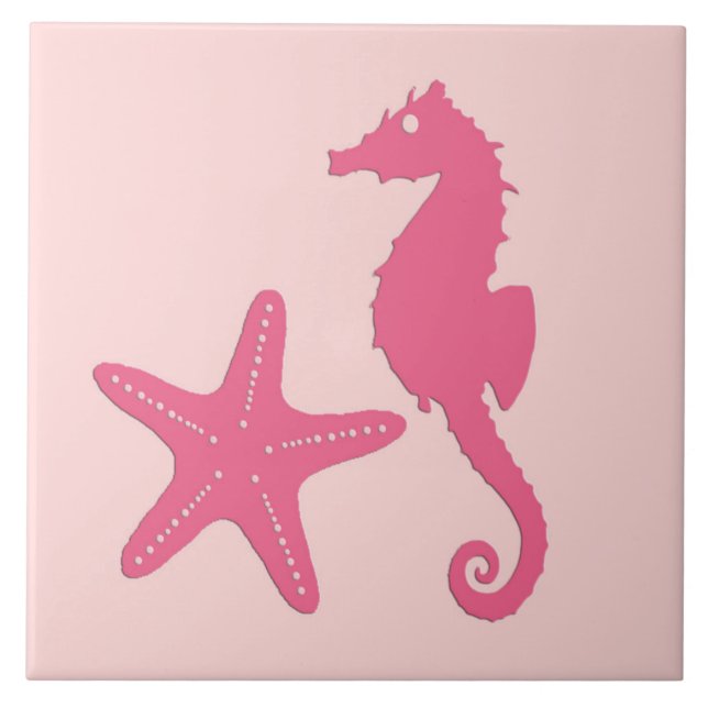 Seahäst och stjärnfisk - rosa av korall kakelplatta (Framsidan)