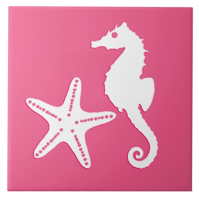 Seahäst och stjärnfisk - Rosa och vit korall Kakelplatta (Framsidan)