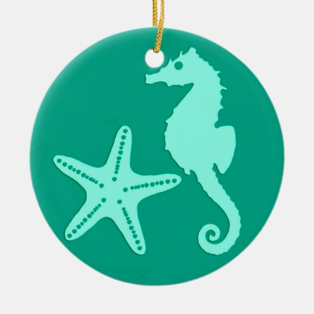 Seahäst och stjärnfisk - turkos och akvarier julgransprydnad keramik (Framsidan)