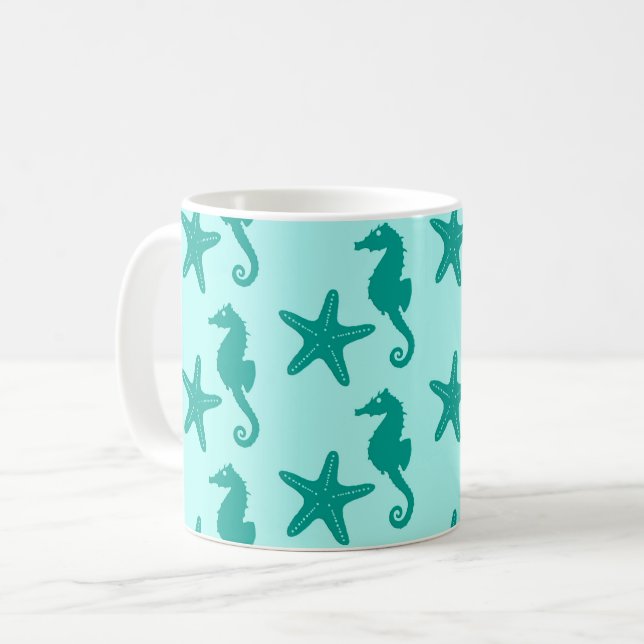 Seahäst och stjärnfisk - turkos och akvarier kaffemugg (Framsida vänster)
