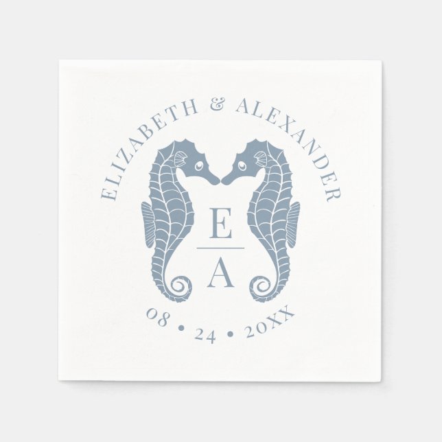 Seahästar Monogram Beach Wedding Dusty Blue Pappersservett (Framsidan)