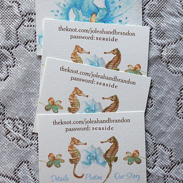 Seahästar, Orchid Turquise Beach Wedding webbplats Rådkort (Beach wedding URL card with seahorses and turquoise orchid. Seahorses are painted male & female. )