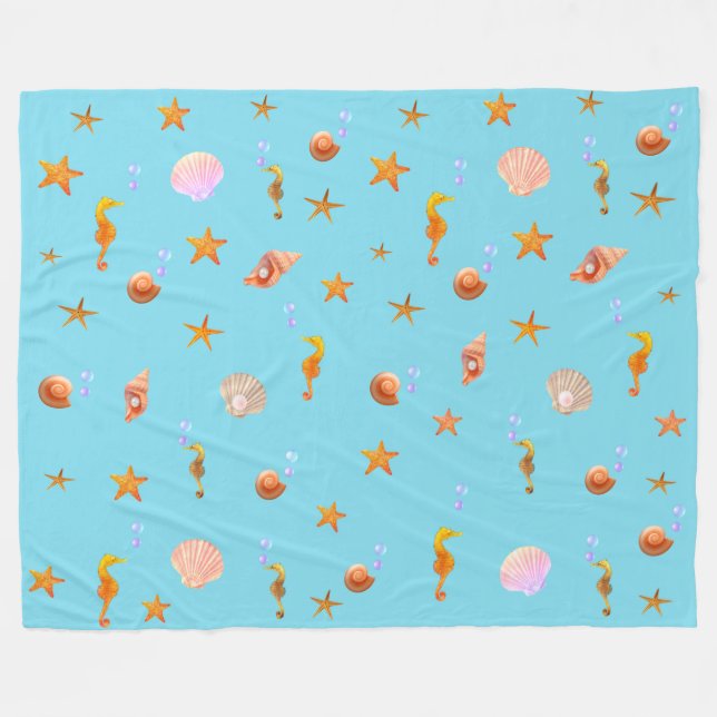 Seahästar, snäckor och havstjärnor på turkos fleecefilt (Framsidan (Horisontell))