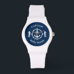 Seahästkapten Boat Namn Armbandsur<br><div class="desc">En nautisk ankare och sjöhäst med kapten Rank eller annan titel och Ditt namn eller Boat Namn på en Snyggt Wrist Watch. Pocket Watch i personligen kommer inte bara att vara tid utan är också en roligt-konversation i biet. Perfekt för Fars dag men ger också en underbar gåva till alla...</div>