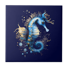 Seahorse 3D Blue guld marinfantasi chic Kakelplatta