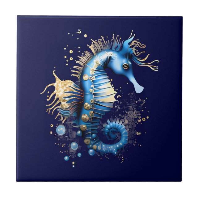 Seahorse 3D Blue guld marinfantasi chic Kakelplatta (Framsidan)