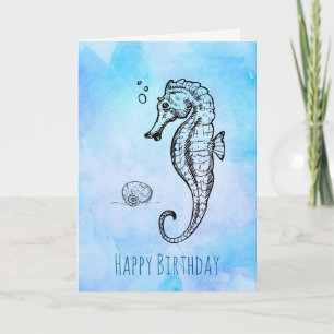 Seahorse and Seashell på Blue Watercolor Birthday Kort