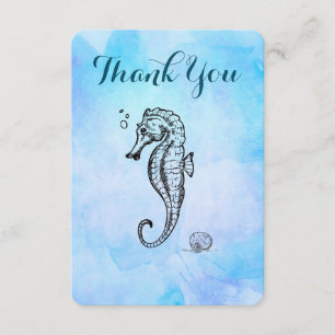 Seahorse and Seashell på Blue Watercolor Tack Kort