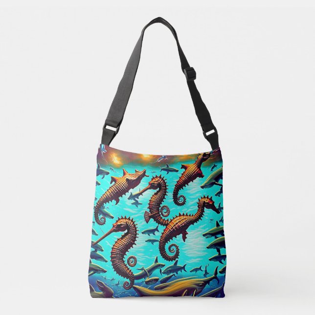Seahorse and Sharks retro Crossbody Bags Axelväska (Framsida)