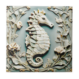 Seahorse Art nouveau Faux Relief-Högerna mot Mint Kakelplatta
