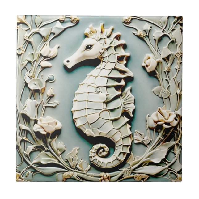 Seahorse Art nouveau Faux Relief Lämnat vänd mot M Kakelplatta (Framsidan)