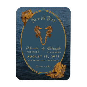 Seahorse Beach bröllopet Nautical Guld Spara datum Magnet
