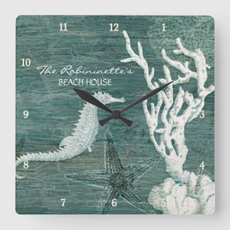 Seahorse Beach House Teal Blue Driftwood Coastal Fyrkantig Klocka