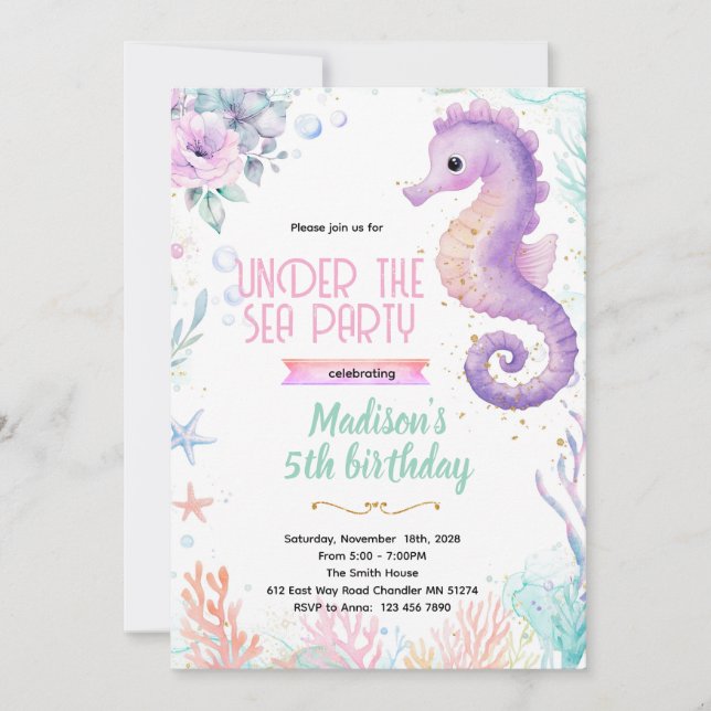 Seahorse birthday theme party invite inbjudningar (Framsida)