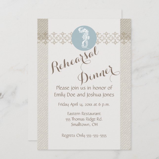 Seahorse Blue Classic Nautical Elegant Inbjudningar (Fram/baksida)